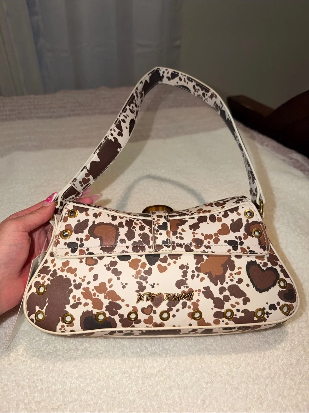 Betsey Johnson Brown and White Cow Print Studded Shoulder Bag